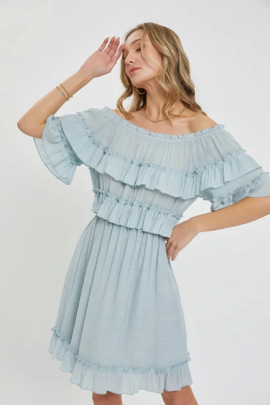 Big Savings Hot Girl Off Shoulder Boho Ruffle Mini Dress In Misty Blue Alluring Design