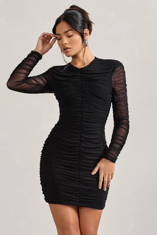 New Season Fashion Preview Euphoria | Black Ruched Long Sleeve Mini Dress Dreamy Draping