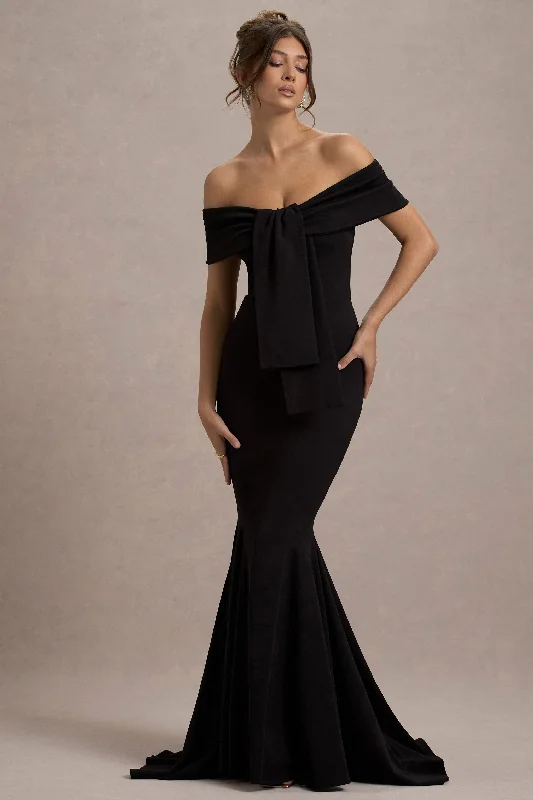 Crazy Discounts, Hurry Up Lantana | Black Bardot Fishtail Maxi Dress With Drape Flowy Fabric