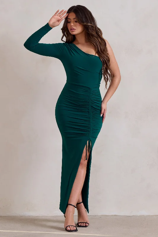 Catch Every Fashion Trend Mystical | Bottle Green One Shoulder Maxi Dress With Side Split Chic Allure