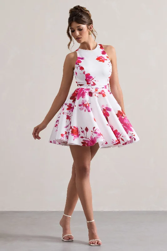 Stay Ahead In Style Waverly | Pink Floral Racer-Neck Sleeveless Skater Mini Dress Great Deals on Ethnic Cultural Wear