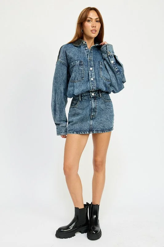 New Styles Just In Hot Girl Culture Code Contrast Shoulder Denim Mini Dress Seasonal Trend