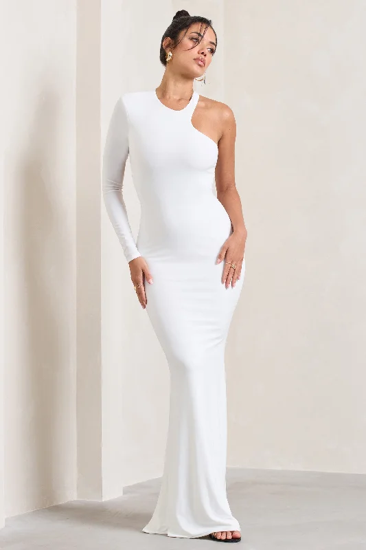 Save Big Tyra | White Asymmetric Neck Cut Out Maxi Dress With Open Back Detail Graceful Cut