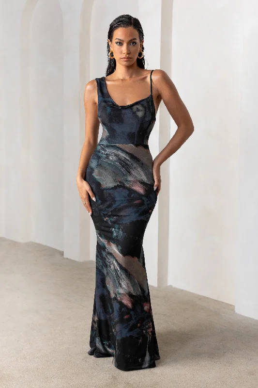 Big Savings Phantasy | Black Abstract Print Asymmetric Neckline Cowl Maxi Dress Effortless Grace