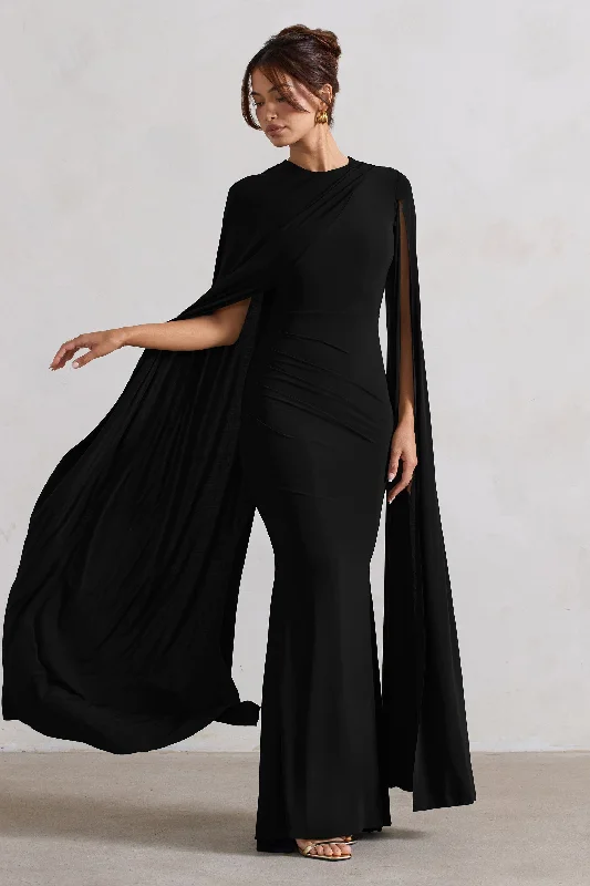 Best Sellers Magdelena | Black Asymmetric Cape Maxi Dress Graceful Movement