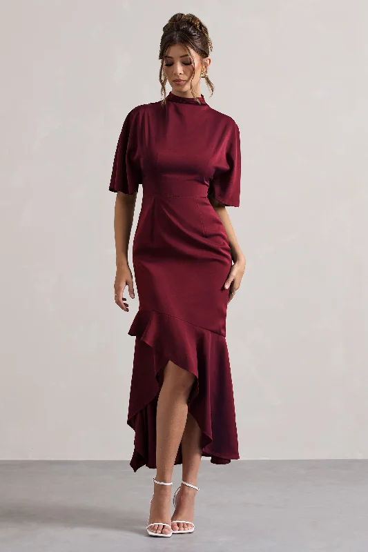 Seasonal Clearance Lavinia | Berry High-Neck Flutter-Sleeve Asymmetric Maxi Dress Refined Simplicity