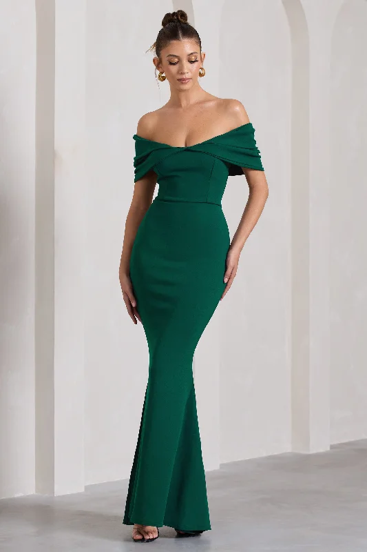 Hot Deals Dana | Bottle Green Bardot Maxi Dress With Short Gathered Sleeves Contemporary Elegance