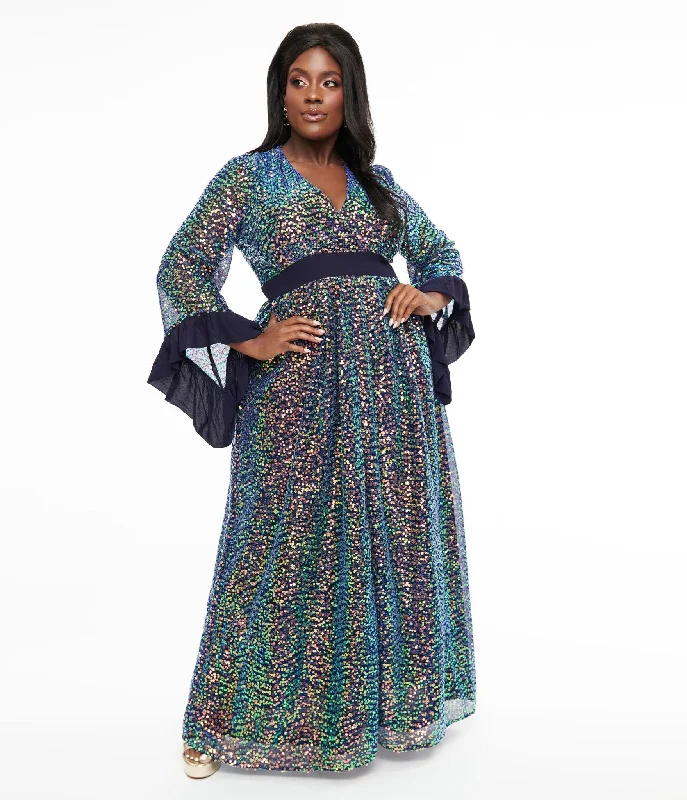 Embrace New Fashion Unique Vintage Plus Size 1970s Navy Glitter Sequin Maxi Dress Graceful Drape