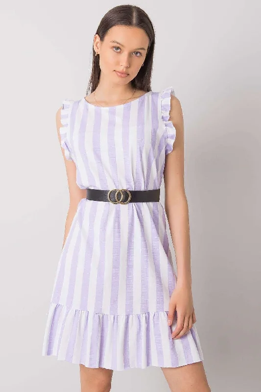 Latest Fashion Italy Moda Ruffle Sleeve Striped Linen Mini Dress With Belt Playful Elegance