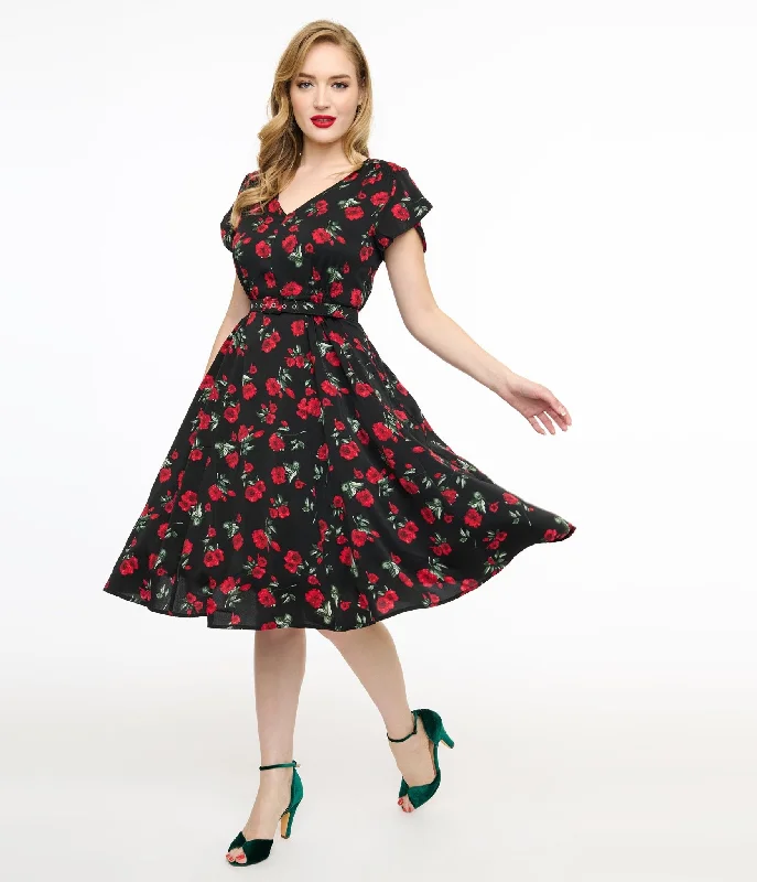 End-Of-Season Clearance Unique Vintage 1940s Black & Red Floral Print Tulip Sleeve Swing Dress Contemporary Chic