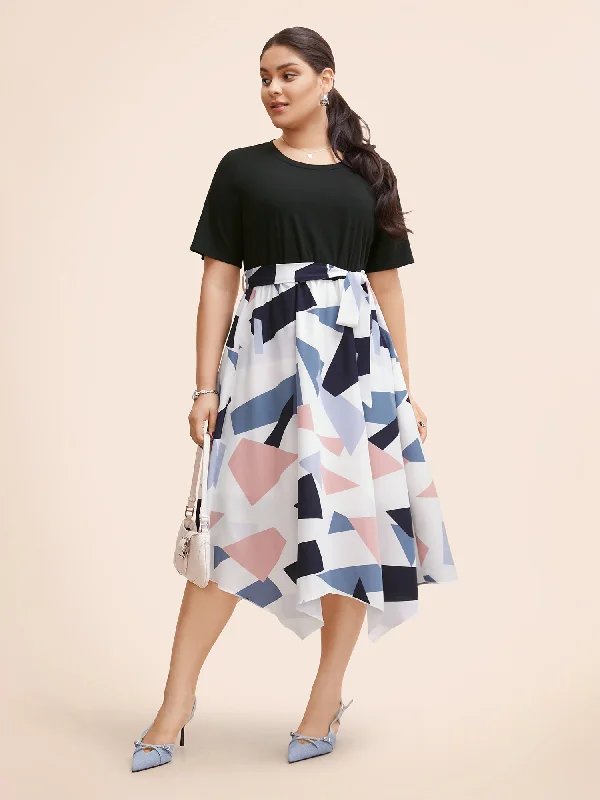 Luxe Style Discounts Geometric Patchwork Asymmetrical Hem Midi Dress Sophisticated Cut