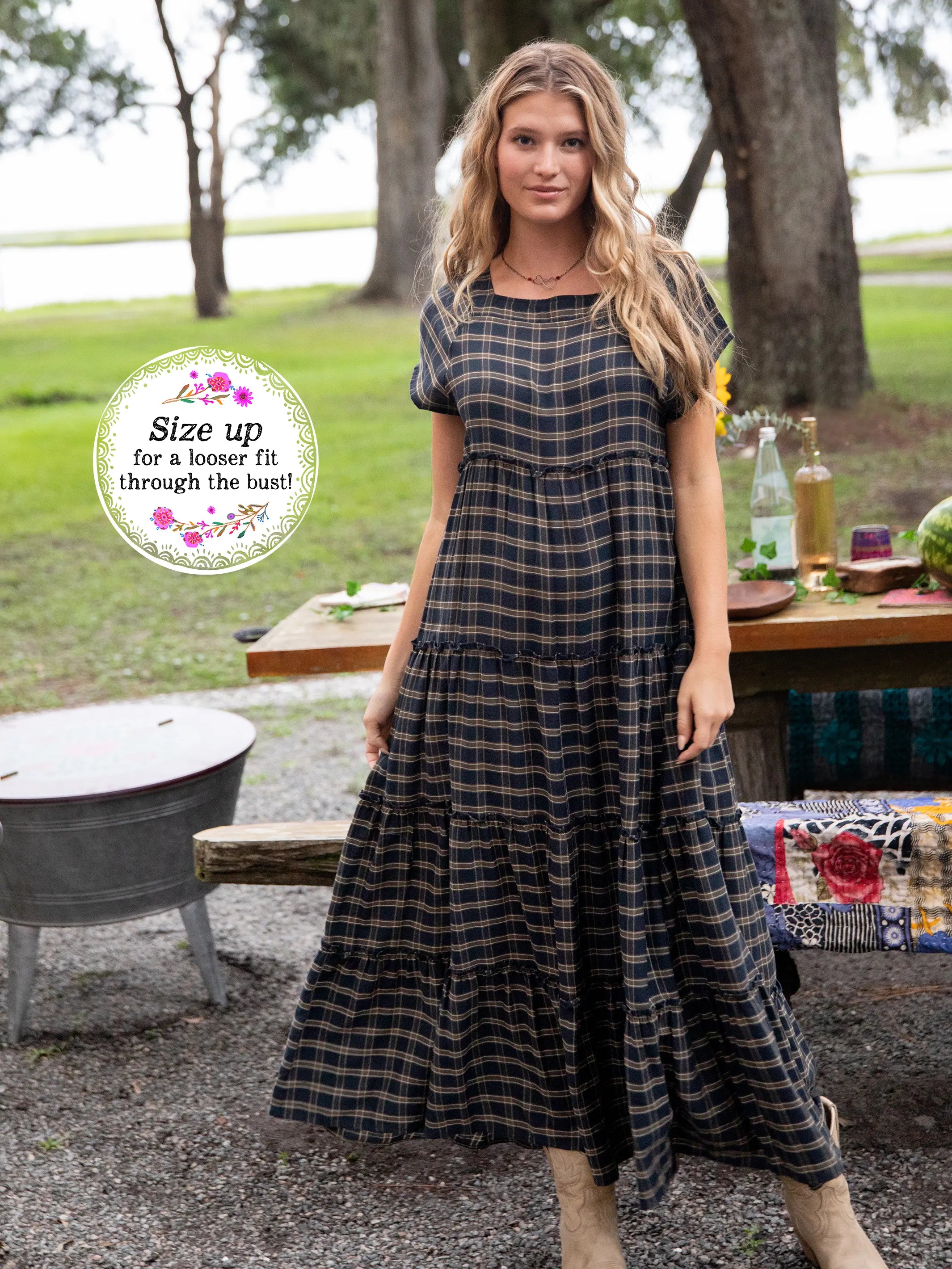 Playful Fashion Offers Plaid Berkley Maxi Dress - Navy Tan Plaid Bold Silhouette