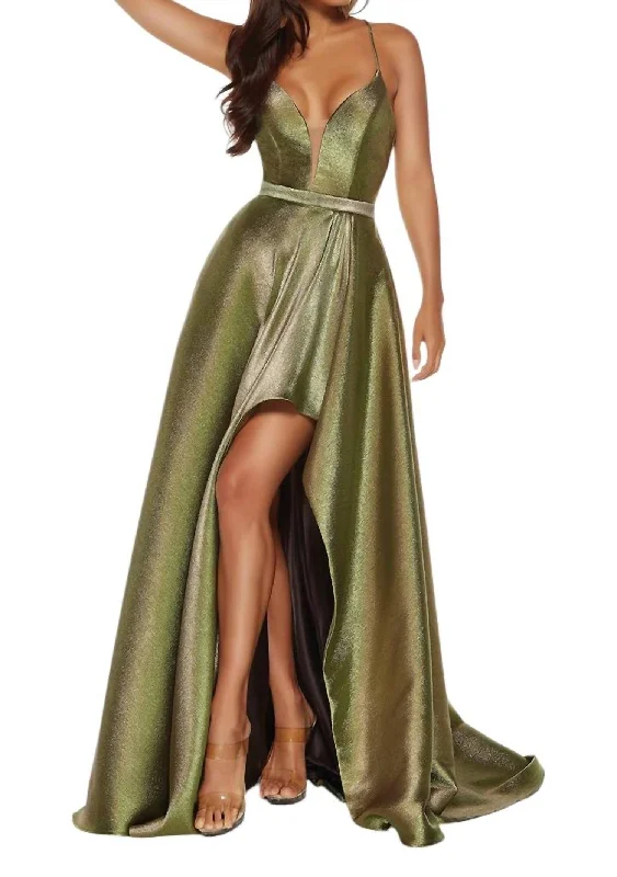 Fashion Forward Metallic Lame High-Low Gown In Chartreuse Romantic Date - Night Ensemble