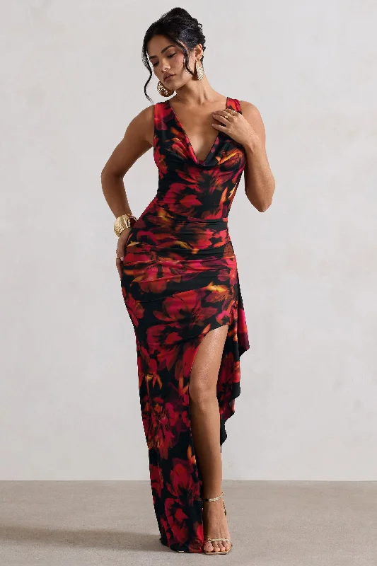 Fresh Fashion Discounts Kaida | Red Floral Print Cowl-Neck Ruffled Split Maxi Dress Sophisticated Cut