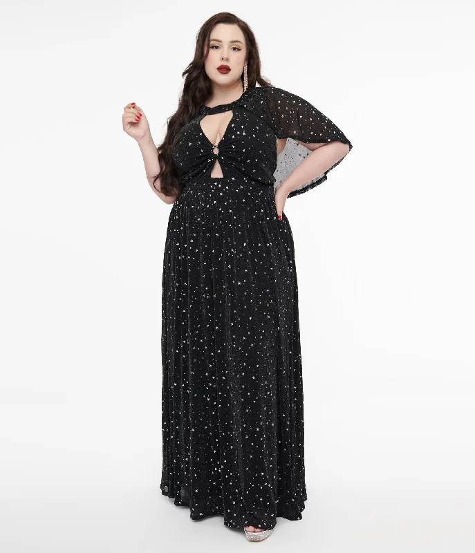 Chic And Trendy Smak Parlour Plus Size 1970s Black & Silver Star Cape Maxi Dress Charming Silhouette