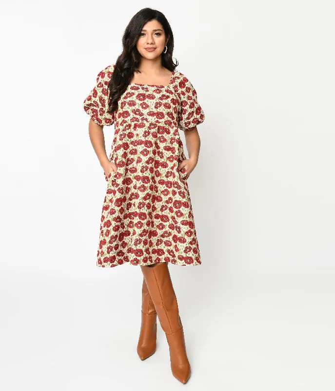 Limited Edition Ivory & Red Floral Kiss Jacquard Fit & Flare Dress Casual Elegance