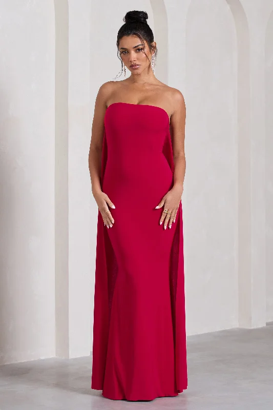 Edgy Fashion Deals Christina | Red Bandeau Sleeveless Maxi Dress With Cape Bold Patterns