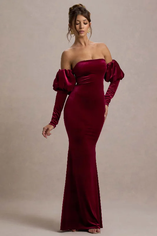 Explore What'S New Neoma | Berry Velvet Bardot Puff-Sleeve Maxi Dress Polished Finish