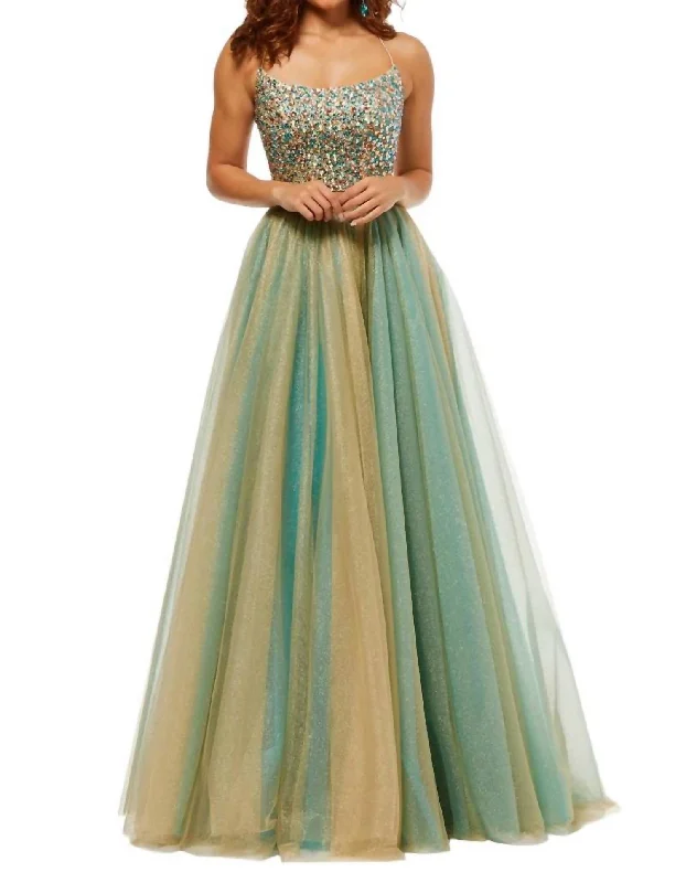 Vintage-Inspired Style Offers Metallic Tulle Two-Piece Ball Gown In Gold Turquoise Feminine Elegance