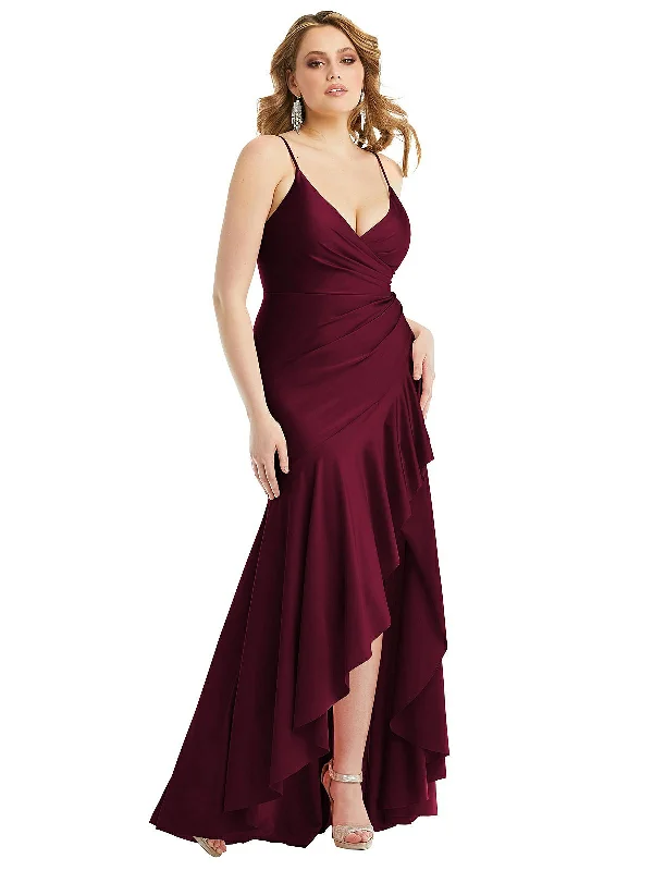 Stylish Statements Pleated Wrap Ruffled High Low Stretch Satin Gown with Slight Train Elevated Style