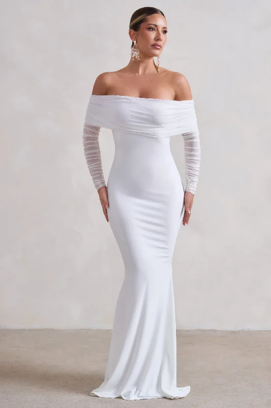 Find Your Unique Flair Madeleine | White Fishtail Maxi Dress With Bardot Mesh Long Sleeves Minimalist Chic