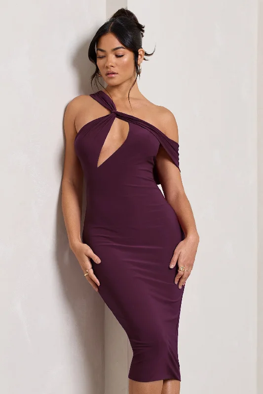 Style Breakthroughs Ella | Plum Asymmetric Neck Cut Out Midi Dress Flowy Fabric