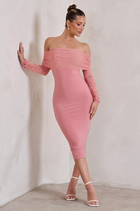 Style Upgrade Only You | Powder Pink Ruched Mesh Bardot Midi Dress Minimalist Office - Ready Style