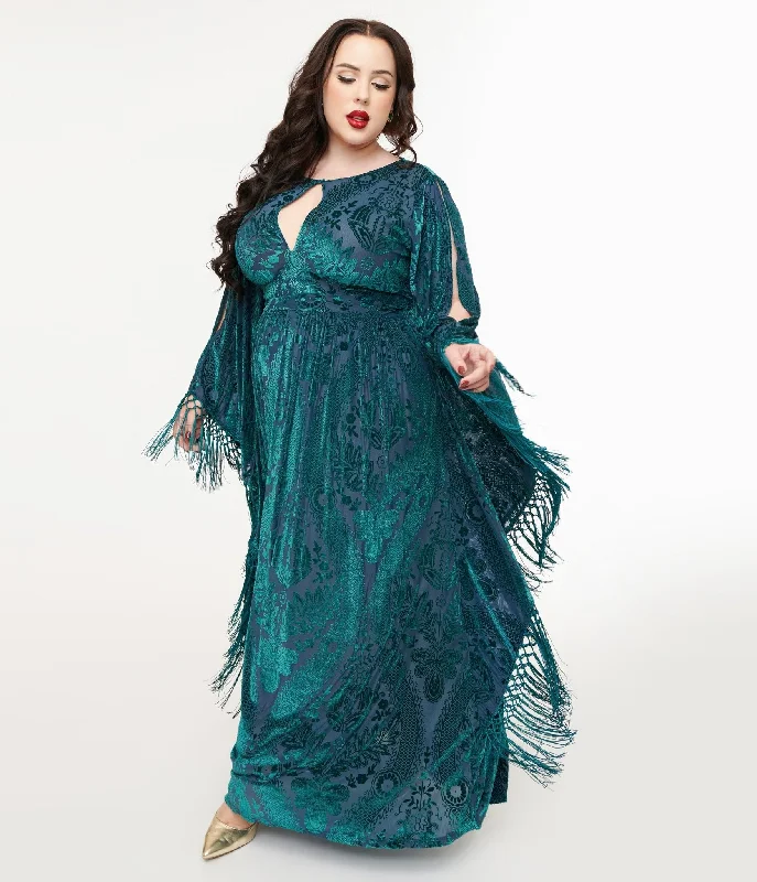 Comfortable Chic Unique Vintage Plus Size Emerald Floral Fringe Flutter Sleeve Caftan Art Deco Geometric Pattern Look