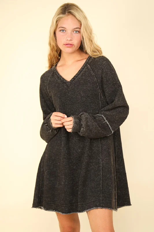 New Arrivals Hot Girl Mineral Washed Oversized A-Line Sweatshirt Mini Dress In Black Modern Romance