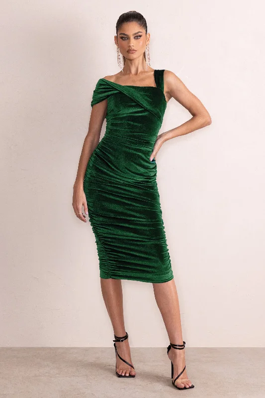 Ride The Style Wave Daniela | Bottle Green Velvet One Shoulder Ruched Midi Dress Refined Look