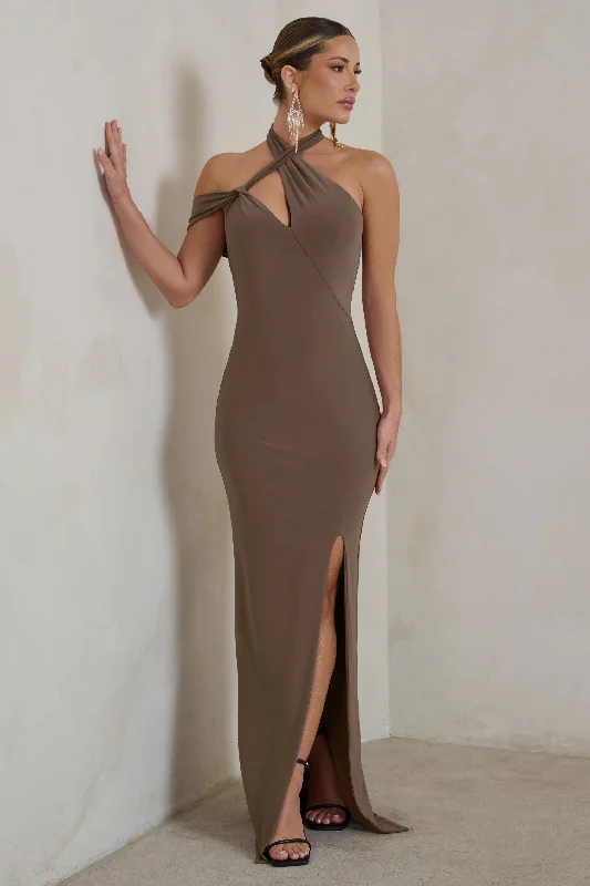 Weekend Exclusive Clementine | Mocha Asymmetric Neckline Maxi Dress With Thigh Split Coastal Beach - Inspired Style