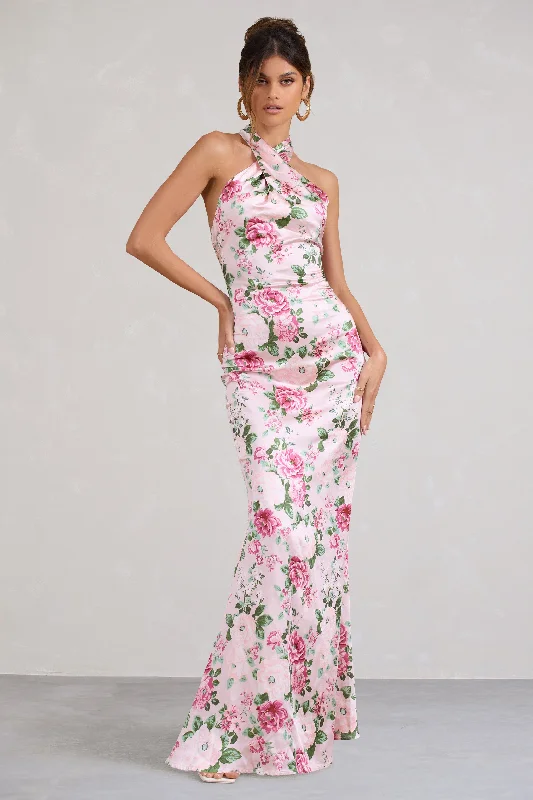 Hot Sale Unstoppable | Pink Floral Print Satin Cross Over Halter Neck Maxi Dress Y2K Nostalgic Fashion Look