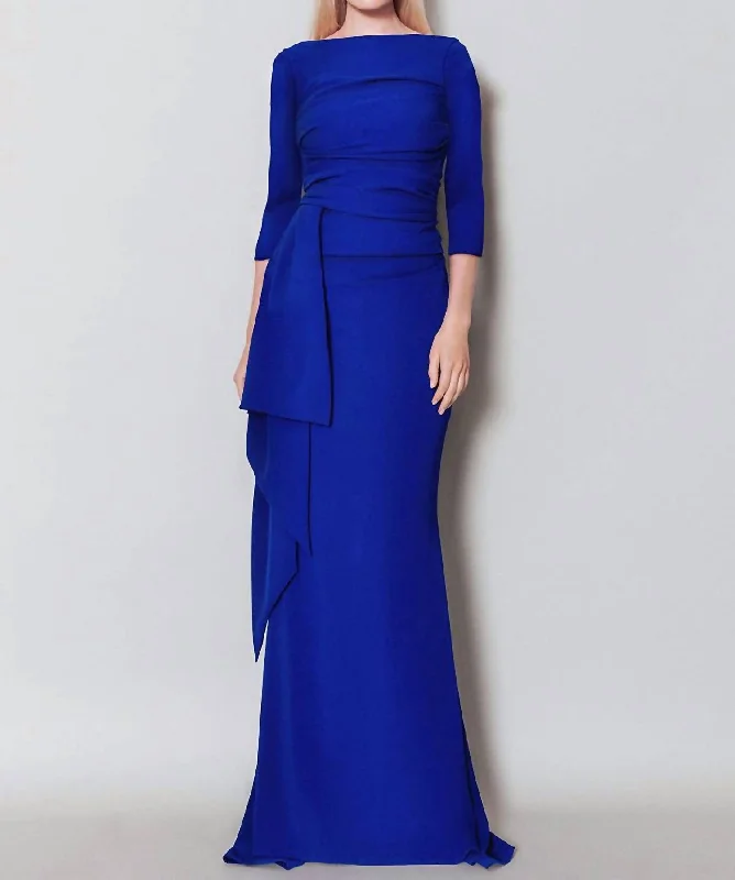 Fashion Forward, Function First Stretch Triacetate 3/4 Sleeve Gown In Blue Exquisite Craftsmanship