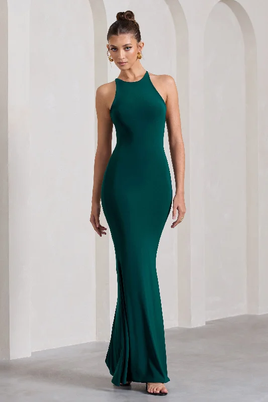 Must-Have Style Discounts Brianna | Bottle Green Sleeveless Halter-Neck Open-Back Maxi Dress Effortless Comfort