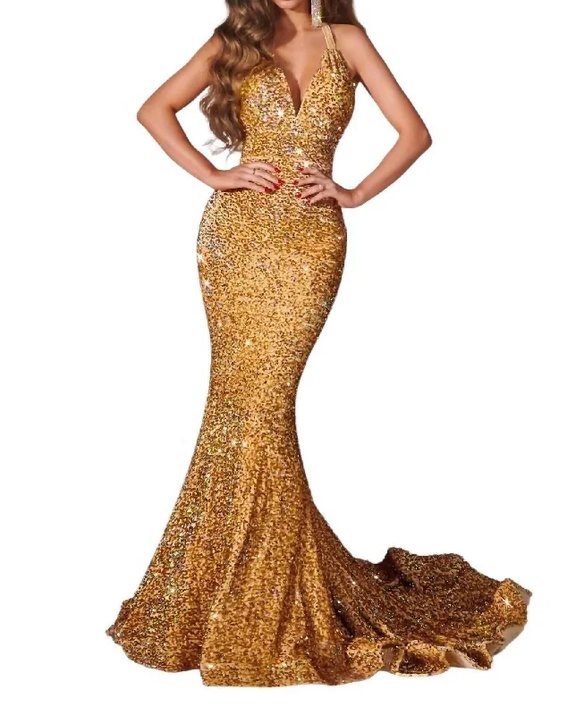 Edgy Fashion Deals Sequin Mermaid Evening Gown In Gold Luxe Layering