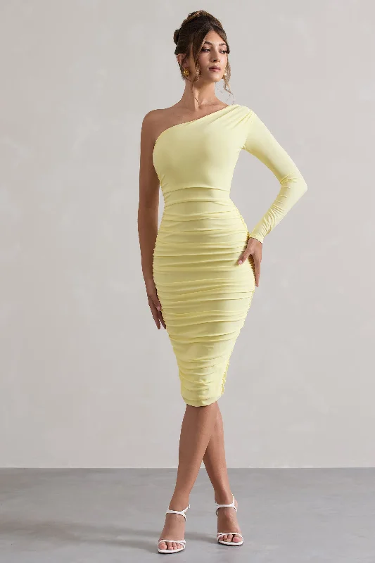 Affordable Luxury Fashion In The Shadows | Yellow One Sleeve Midi Dress With Ruching Romantic Flair