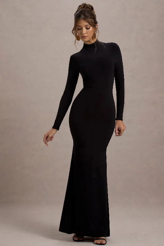 Spring Offer Tova | Black High-Neck Long-Sleeve Maxi Dress Romantic Flair