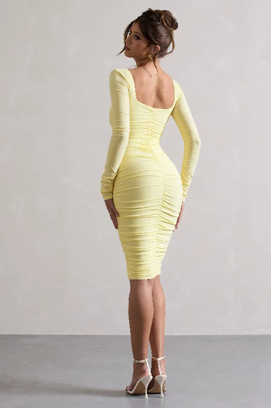 Modern Fashion Sale Seductress | Yellow Long Sleeve Square Neck Ruched Midi Dress Modern Glamour