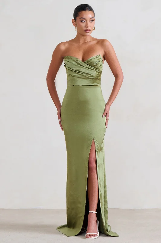 Swimwear Summer Blowout Coraline | Olive Strapless Maxi Dress With Split Luxe Layering