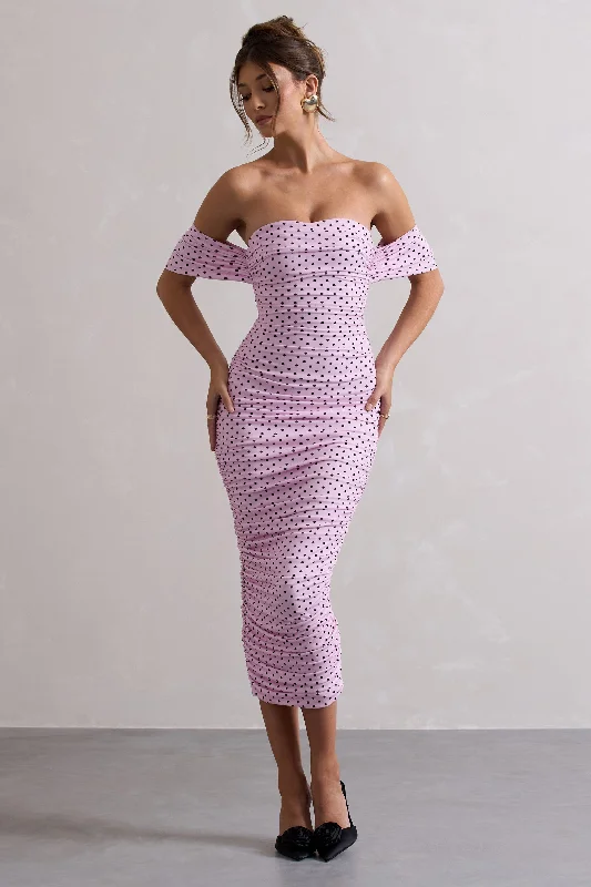 Must-Have Style Discounts Lost For Words | Pink Polka Dot Bardot Ruched Draped Midi Dress Bohemian Vibe