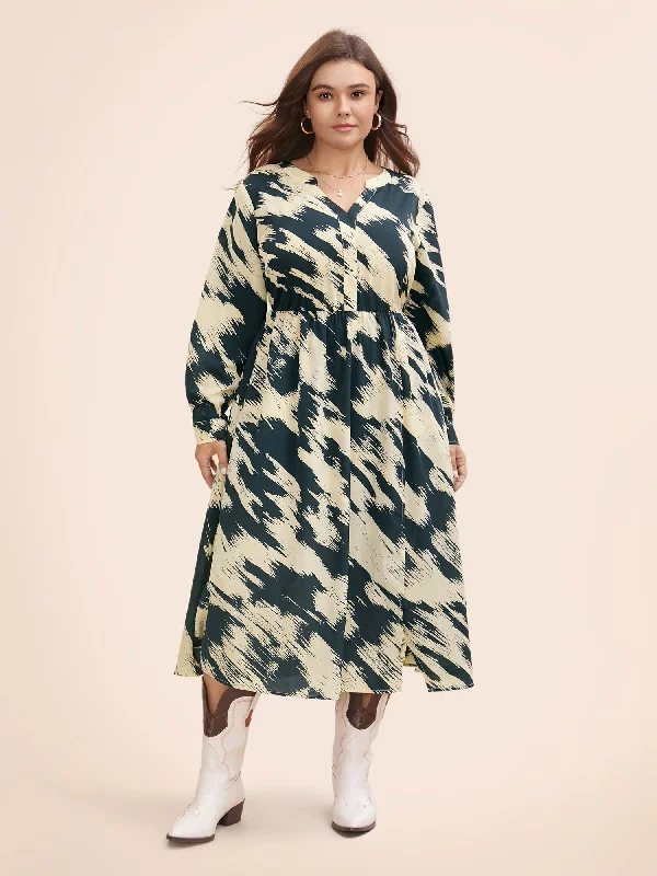 Exclusive Deals Online Brush Print Notched Collar Midi Dress Casual Weekend Relaxed Style