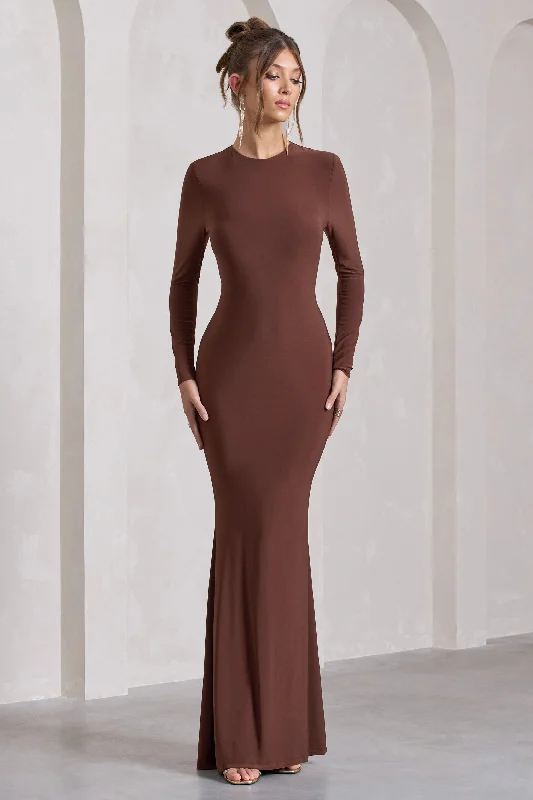 Bold Style Discounts Starring | Chocolate Brown Long-Sleeve Backless Maxi Dress Subtle Sophistication