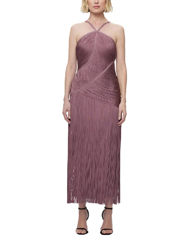 Fashion Frontiers Hervé Léger Asymmetric Draped Fringe Halter Gown Chic Sophistication