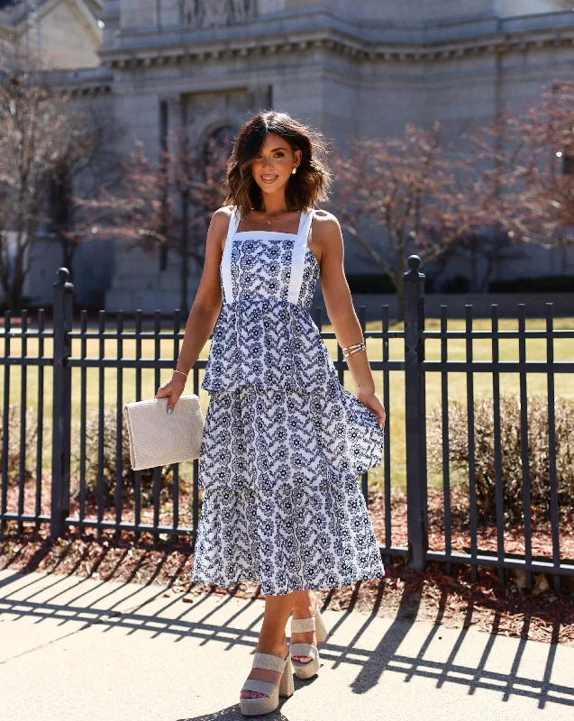 The Good Stuff Sparrow Cotton Eyelet Tiered Midi Dress Statement Piece