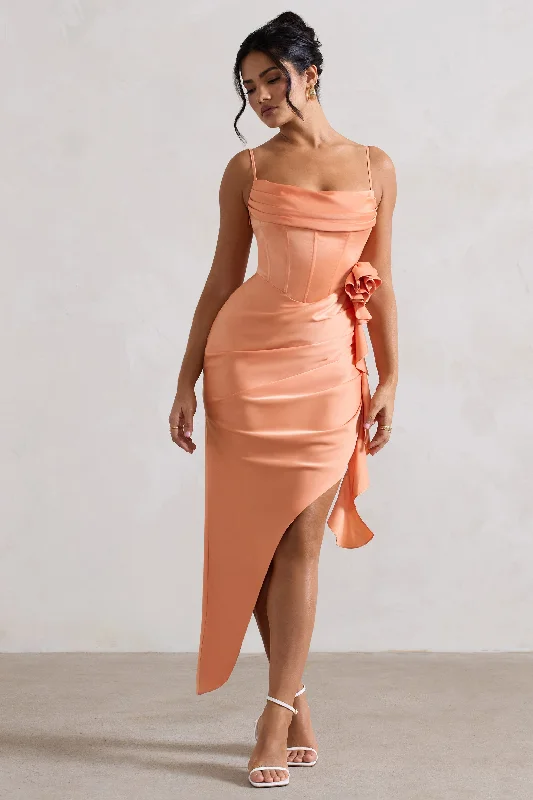 Break Fashion Norms On The List | Peach Asymmetric Corset Maxi Dress With Floral Drape Vintage Look