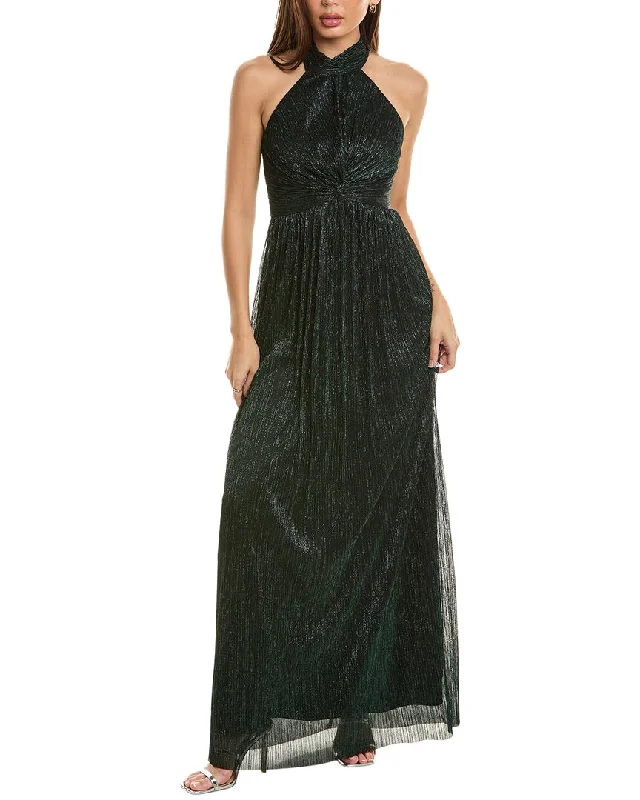 Stay Ahead In Style After Six Halter Metallic Pleated Gown Timeless Elegant