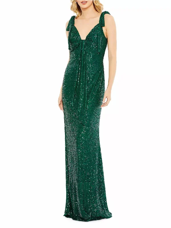 Catch Every Fashion Trend Ieena- Sequined Low Back Bow Shoulder Gown In Emerald Vintage Charm