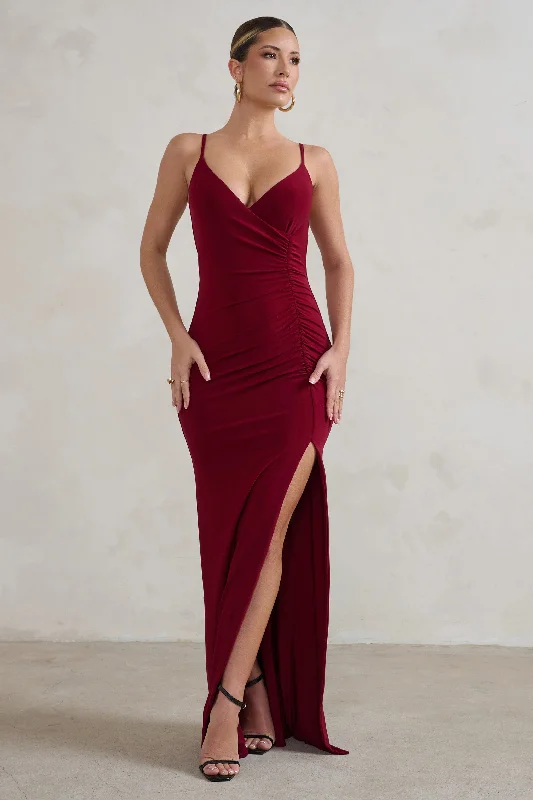 Casual Chic Jeanne | Berry Red Plunge Ruched Cami Maxi Dress With Split Sleek Design