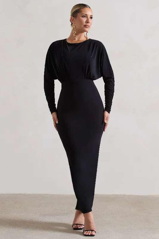 Affordable Trendy Fashion All It Takes | Black Long-Sleeve Draped Maxi Dress Elevated Style