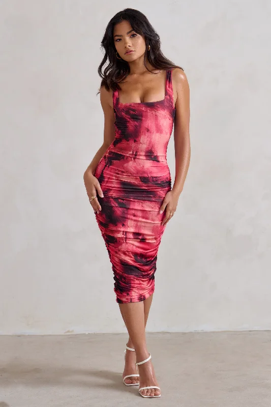 Special Offer For You Lisbon | Pink Printed Square Neck Ruched Midi Dress Summer Fashion